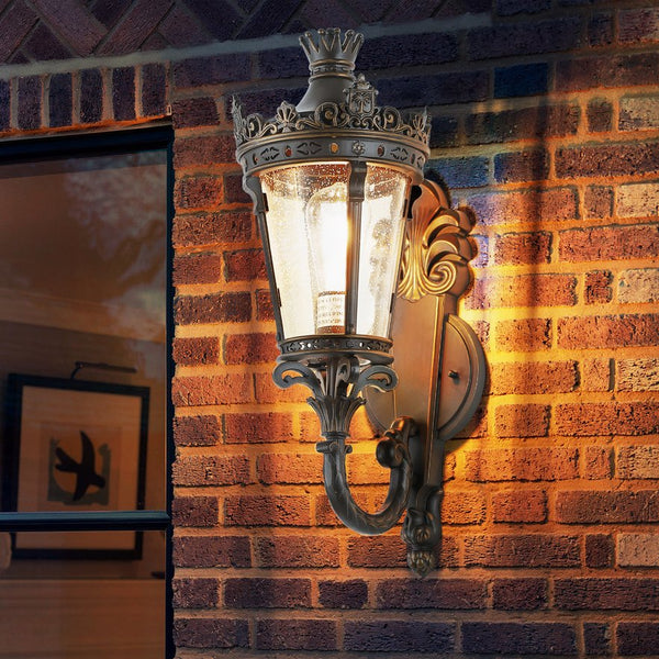 English Elm 21"(H) Vintage Outdoor Wall Lantern Coffee+Golden, Waterproof Aluminum & Clear Glass Sconce, E26 Hard-Wired Elegance for Patio Entryway Garden W2312P411862
