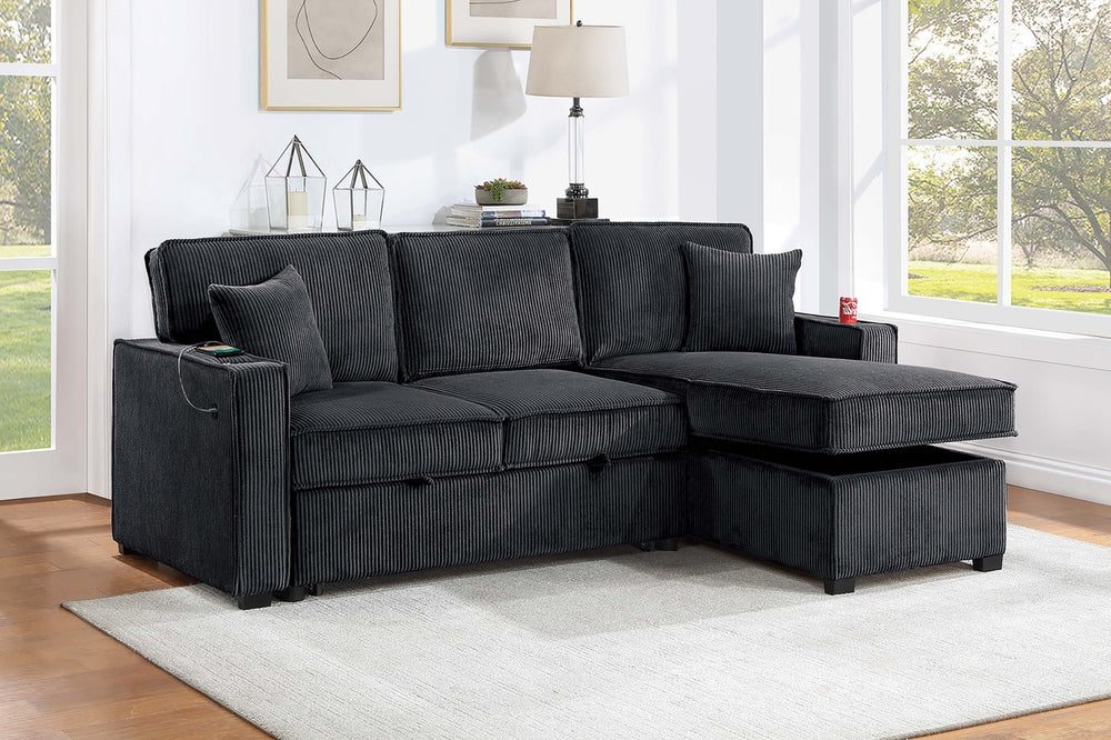 English Elm Contemporary Black Corduroy Sectional with Usb Charging Storage Chaise Sleeper Sofa B011S02176
