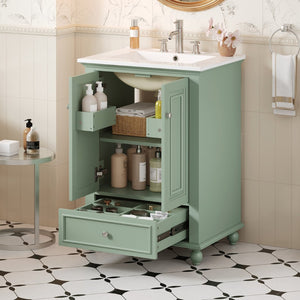 English Elm 24'' French Style Bathroom Vanity with Ceramic Sink Soft Close Cabinet and Drawer Green N710P411227F