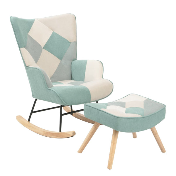 English Elm Rocking Chair With Ottoman - Cozy Mid-Century Patchwork Linen Rocker For Living Room & Bedroom Comfort W561P175990-GIGA