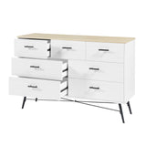 English Elm 7 Drawer Dresser For Bedroom With Deep Drawers, Wood Dressers & Chest Of Drawers, Modern White Long Dressers For Closet Living Room, 47.2"W X 15.7"D X 31.5"H, White & Oak