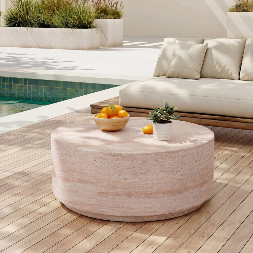 English Elm 27.5" Round Mgo Coffee Table Travertine Stone Finish Indoor Outdoor Patio Use N772P306665T