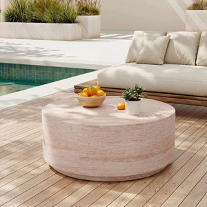 English Elm 27.5" Round Mgo Coffee Table Travertine Stone Finish Indoor Outdoor Patio Use N772P306665T