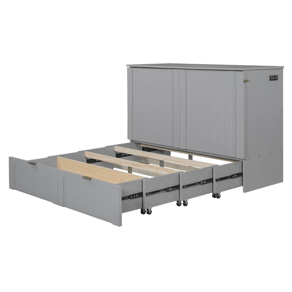 English Elm Full Size Wall Murphy Bed Cabinet with Usb Ports Drawer and Pulley Lift Gray Finish LP100770AAE