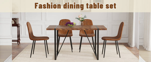 English Elm Table Retro Dining Set: Stylish Rectangular Table With Fishbone Top & 4 Cozy Tech-Fabric Chairs W1151S04073-GIGA