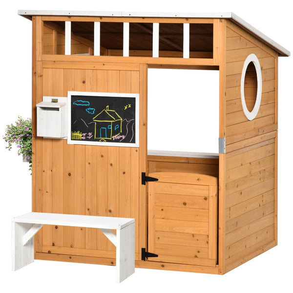English Elm Outsunny Solid Fir Wood Kids Outdoor Playhouse with Door Windows Bench Mailbox W2225P217343