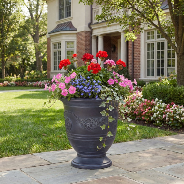 English Elm Mgo Handcrafted Urn Planter Classical Garden Accent Weathered Fiberglass Composite Outdoor Antique Black N772P411998A