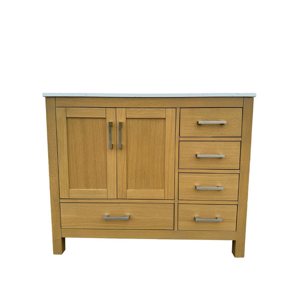 English Elm 42" Oak Bathroom Vanity with Carrara Top Ceramic Sink Five Drawers Two Doors T3785P442240