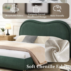 English Elm Queen Chenille Upholstered Curved Headboard Platform Bed with Oak Legs Solid Wood Slats W1716P428272