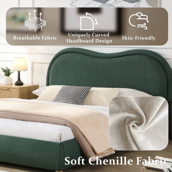 English Elm Queen Chenille Upholstered Curved Headboard Platform Bed with Oak Legs Solid Wood Slats W1716P428272