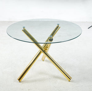 English Elm Golden Glass Dining Table with Metal Legs – Modern Space-Saving 110x110x75cm Chic Durable Design W234P288308