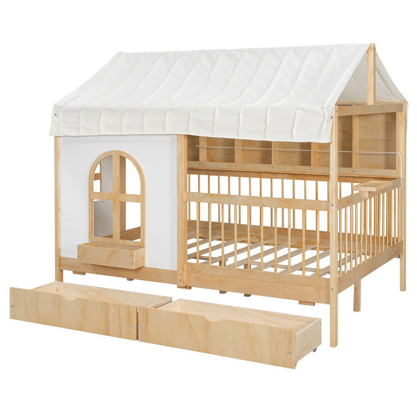 English Elm Full Size Kids House Bed with Led Bookshelf Storage Drawers and Charging Station Natural LP000378AAN