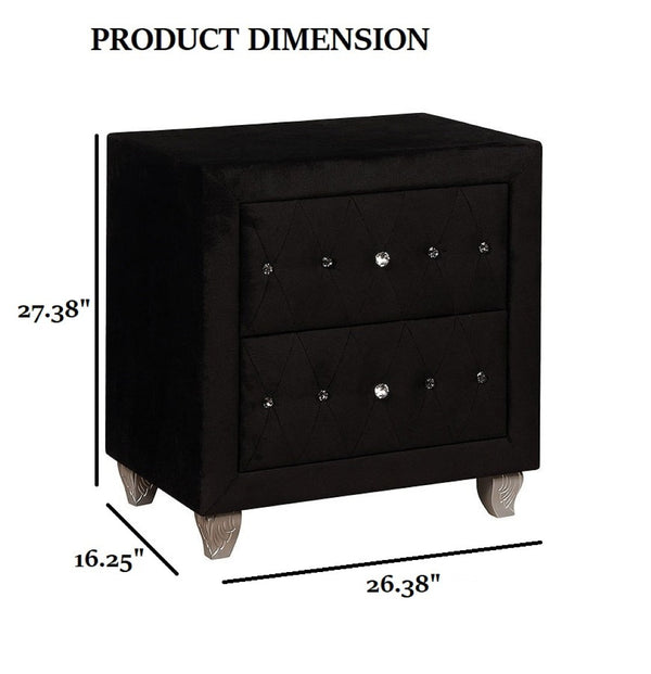 English Elm Glam Upholstered Nightstand with Acrylic Button Tufting Velvet Cabriole Feet Bedroom Black B2741P435907