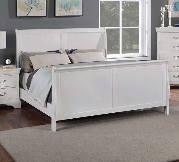 English Elm Modern French Inspired Full Sleigh Bed White Finish Curved Panels Elegant Bedroom Frame B011S01138
