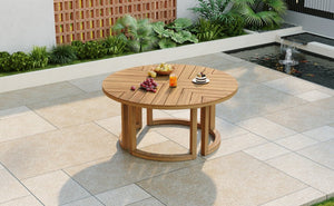 English Elm Trexm Round Acacia Outdoor Dining Table Seats Six with Umbrella Hole Slatted Top Light Teak N715P404283D
