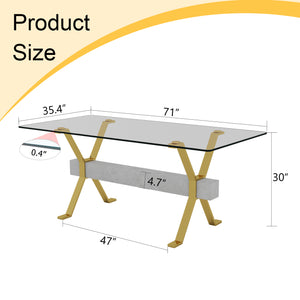 English Elm Dining Tempered Glass Table with Gold X-Legs & Gray MDF Crossbar, 71"x35.4" Modern 4-8 Seater Elegance W1151S02350