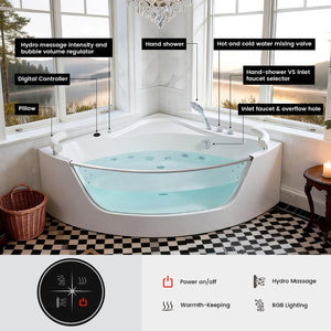 English Elm Korra Two Person Corner Whirlpool Tub Acrylic 16 Jet Spa with Heater and Chromotherapy W5619P449939