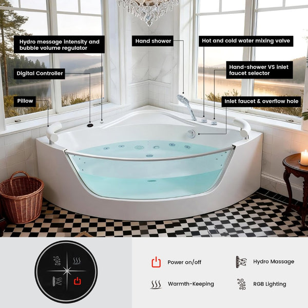 English Elm Korra Two Person Corner Whirlpool Tub Acrylic 16 Jet Spa with Heater and Chromotherapy W5619P449939