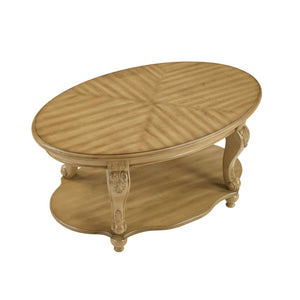 English Elm 42'' Oval Two-tier Wood Cocktail Table with Carved Floral Detail and Open Shelf W1202P318405