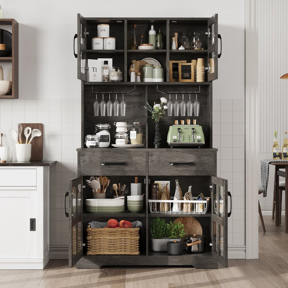 English Elm Pantry Hutch with Fluted Mdf Panels Charging Station Pegboard and Open Shelving T3773P416041