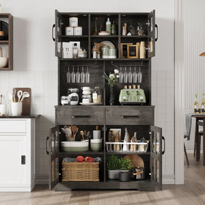 English Elm Pantry Hutch with Fluted Mdf Panels Charging Station Pegboard and Open Shelving T3773P416041