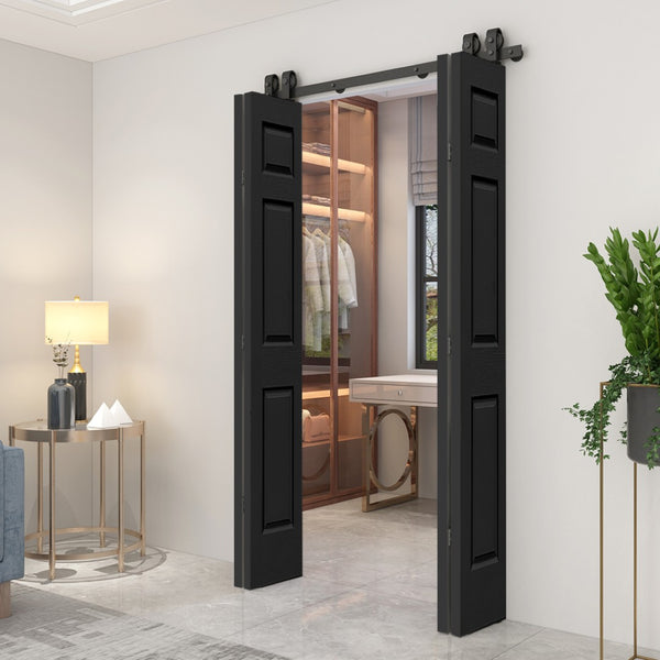 English Elm 24 in Primed Mdf Bi-fold Barn Door with Raised 6-panel Profile and Sliding Hardware Black B2763P491015