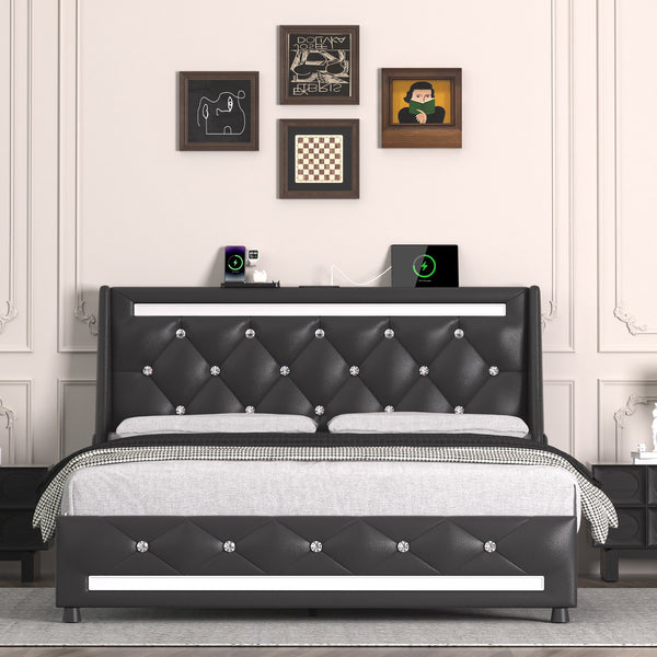 English Elm Queen Smart Bed Frame with Headboard, RGB LED Ambience, Built‑in Charging Ports, Sturdy Slats and Silent Design Black T3825P387380