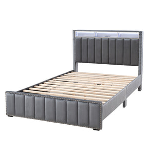 English Elm Beautiful Upholstered Full Bed with Led Lighting Storage Shelves and Channel Tufted Headboard Dark Gray B2741S00772