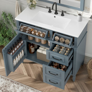 English Elm 36-Inch Modern Bathroom Vanity With Ceramic Sink Top, Storage Drawers, And Stylish Blue Gray Finish N725P350849E