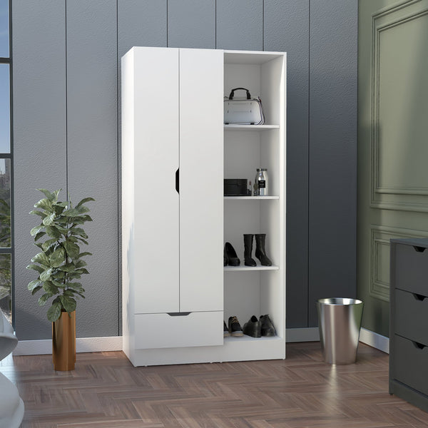 English Elm Memphis Wardrobe Armoire with Double Doors, Built-In Rod, Four Shelves & Spacious Lower Drawer White 40 L x 23 W x 3 H B200S00285