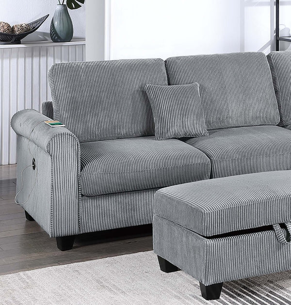 English Elm Contemporary Corduroy Sectional with Usb Charging Chaise and Lidded Storage Ottoman B011S02228