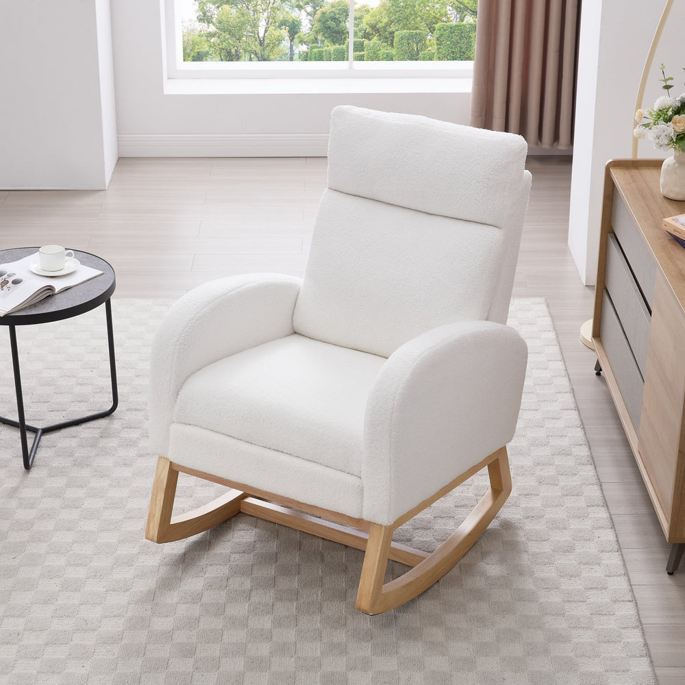 English Elm 015B-Teddy Rocking Chair with Plush Teddy Fabric, Ergonomic High Back, Adjustable Footstool, Pocket White W527P360693