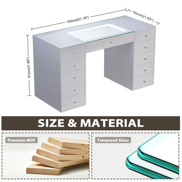 English Elm 51.2" Vanity Desk Modern Glass Top with RGB Strip, 11 Drawers, Smart Touch, 6-Mode LED Ambiance W3660S00002