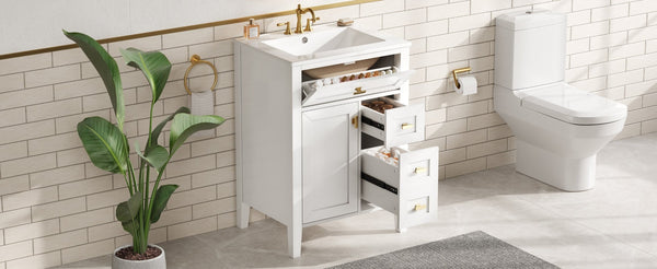 English Elm "24'' 24 Inch Glossy Freestanding Bathroom Vanity with Gold Hardware and Soft Close Storage White Rubberwood N725P448529K