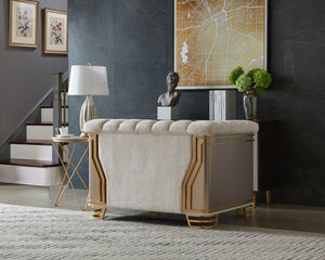 English Elm Chateau Three Piece Living Room Sofa Set Cream Upholstery Gold Steel Legs Glam B009S02179