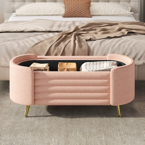 English Elm Modern Boucle Tufted Storage Ottoman Bench with Gold Legs for Bedroom or Entryway Pink N719P305628P
