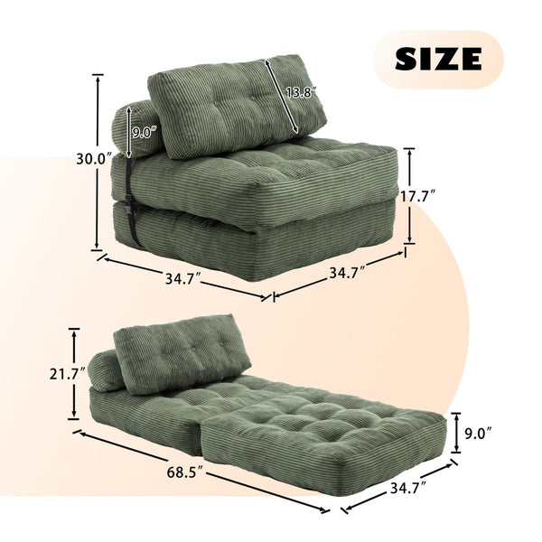 English Elm Folding Floor Sofa Bed Convertible Sleeper Chair with Shredded Foam Corded Fabric Green W2200P442796