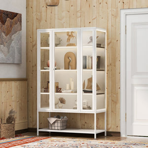 English Elm 67.25'' Tall Steel Curio Cabinet with Led Lighting and Tempered Glass Panels White SN845P263995W