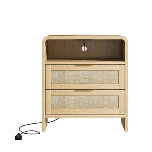 English Elm Rattan Drawer Nightstand Set with Built-in Charging Station and Open Shelf Bedroom Storage Oak W1820P416763