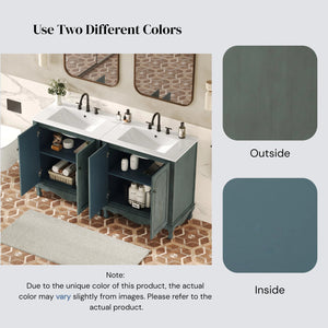 English Elm Christopher Knight Home® - 60" Retro Double Sink Bathroom Vanity Set with Soft-Close Doors, Adjustable Shelves, Rubberwood Legs Antique blue green,Teal N817P245317B