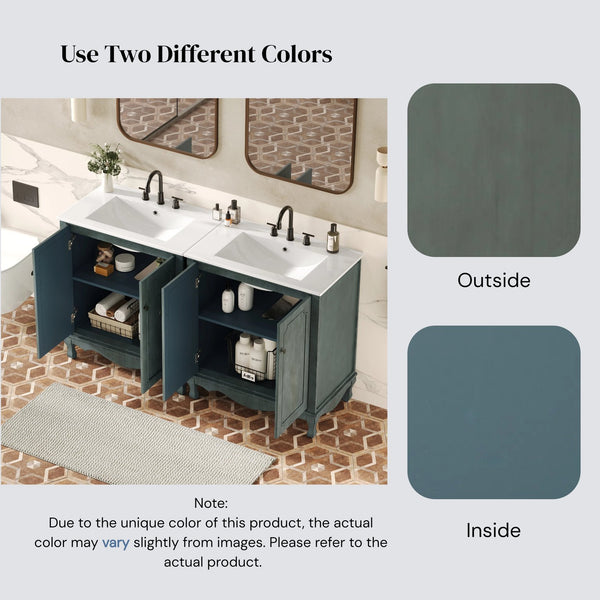 English Elm Christopher Knight Home® - 60" Retro Double Sink Bathroom Vanity Set with Soft-Close Doors, Adjustable Shelves, Rubberwood Legs Antique blue green,Teal N817P245317B