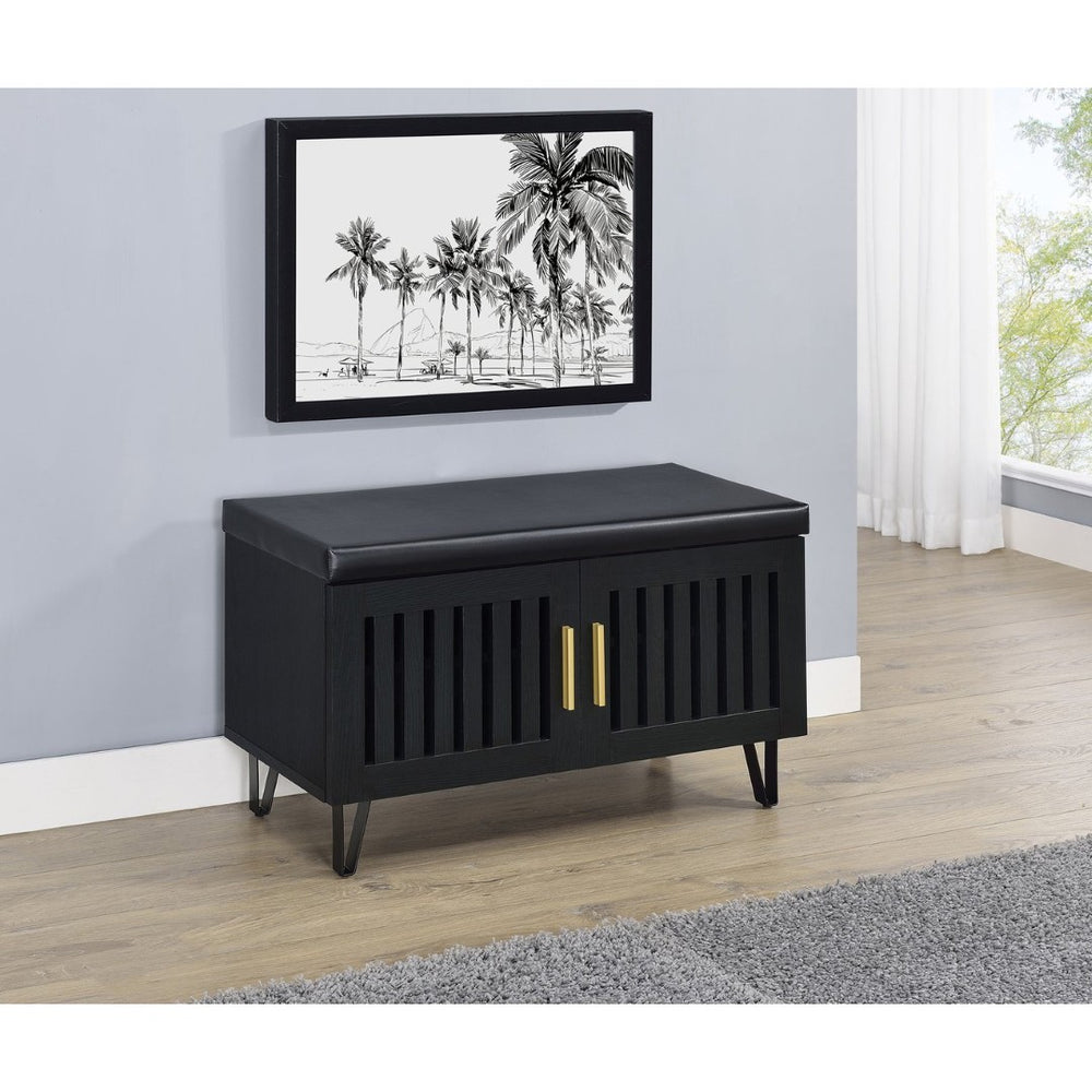 English Elm Astor Smoked Finish Entryway Bench with Drawer Open Shelving and Faux Leather Seat Black B062P440401