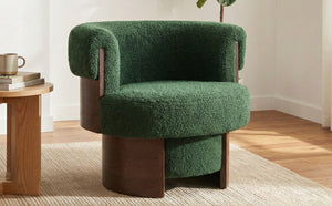 English Elm Modern Sculptural Barrel Swivel Chair Bentwood Frame Polyester Upholstery Accent Seating Green N760P369230C