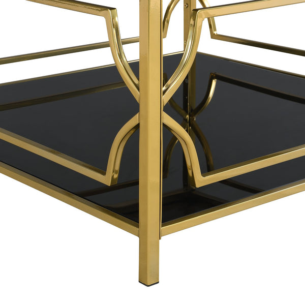 English Elm Square Glass Coffee Table 33.5" — Modern Tempered Glass Top with Gold Geometric Metal Frame & Shelf Black N735P326510B