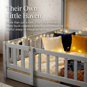 English Elm Twin Over Full Bunk Bed Solid Pine Frame with Built-in Slide and Storage Staircase Grey W504S00289