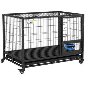 English Elm PawHut Heavy Duty 43" Steel Dog Crate with Wheels, Removable Tray, Top Access & Foldable Bowl Holder Black W2225P217150