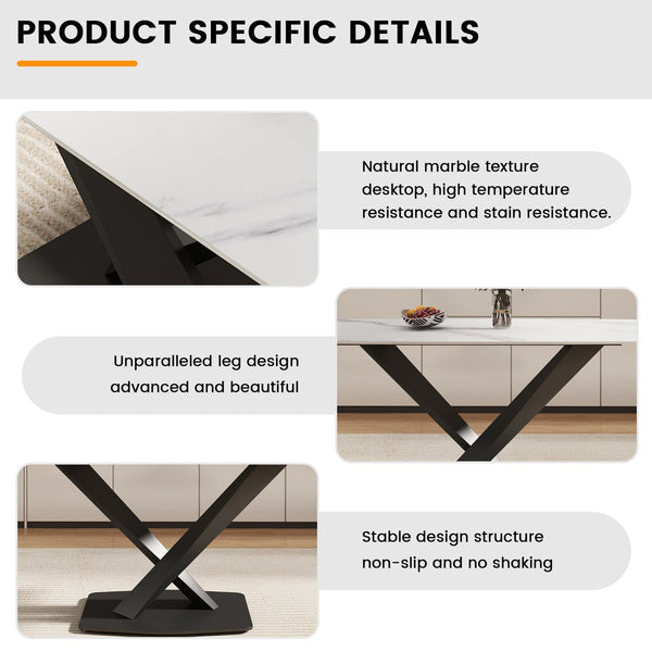 English Elm 63" Modern Sintered Stone Dining Table with Durable X-Leg Iron Base, Seats 6, 400 lb Capacity Antique White,Black W1535S00533