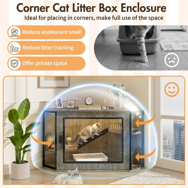 English Elm 48" Corner Mdf Cat Litter Enclosure Cabinet with Led Acrylic Door and Play Loft Grey N704P402446E