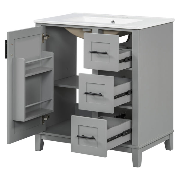 English Elm 30-inch Modern Bathroom Vanity with Ceramic Basin, Rubberwood Frame, Soft-Close Drawers & Organized Storage Grey N729P290689E