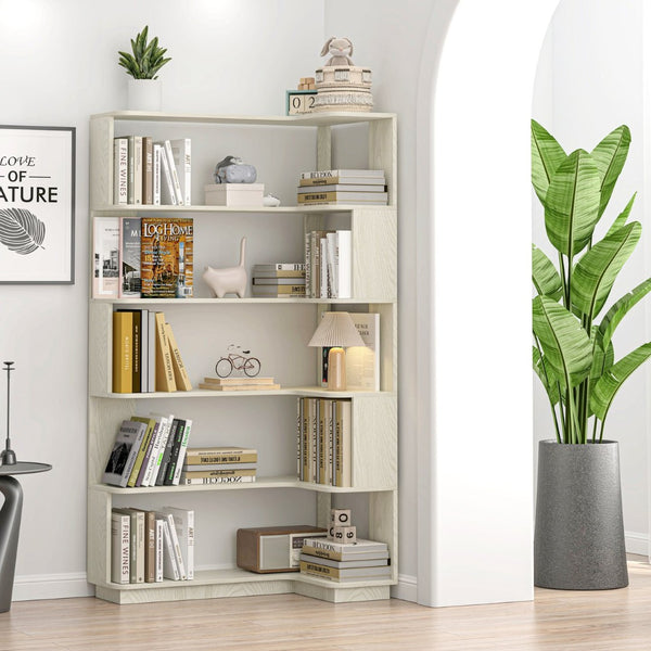 English Elm 90cm L-shaped Corner Bookcase Five Tier Mdf Open Shelving for Living Room Office W2899P444151